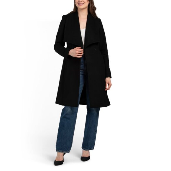 COLE HAAN Black Wool Blend Wrap Coat - Picture 1 of 2